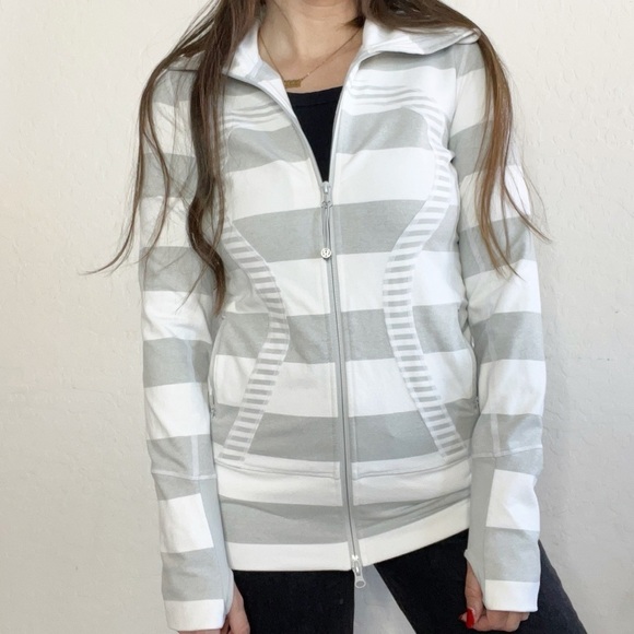 Lululemon Stride High Neck Jacket White Gray Stripes - Picture 10 of 11